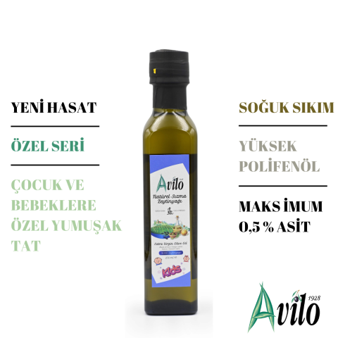 250 ML Avilo Kids Çocuk ve Bebekler için Soğuk Sıkım Natürel Sızma Zeytinyağı - Marasca Koyu Renk Şişe