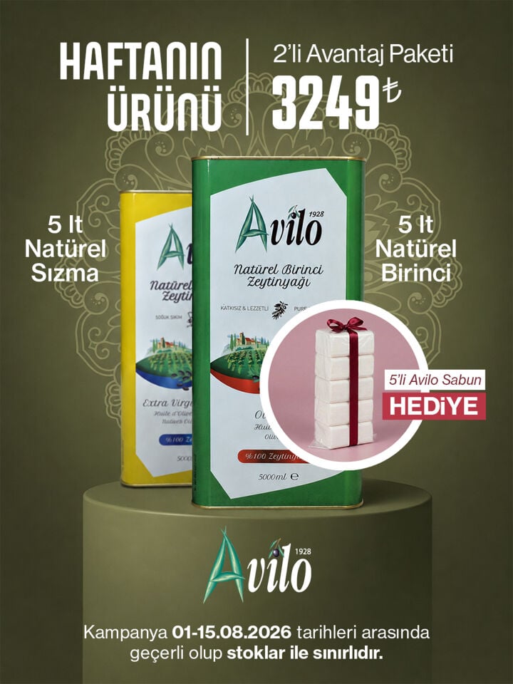 Bereket Paketi ( 5'li Sabun Hediyeli ) - 5 Lt Avilo Soğuk Sıkım Natürel Sızma Zeytinyağı + 5 Lt Avilo Soğuk Sıkım Natürel Birinci Zeytinyağı