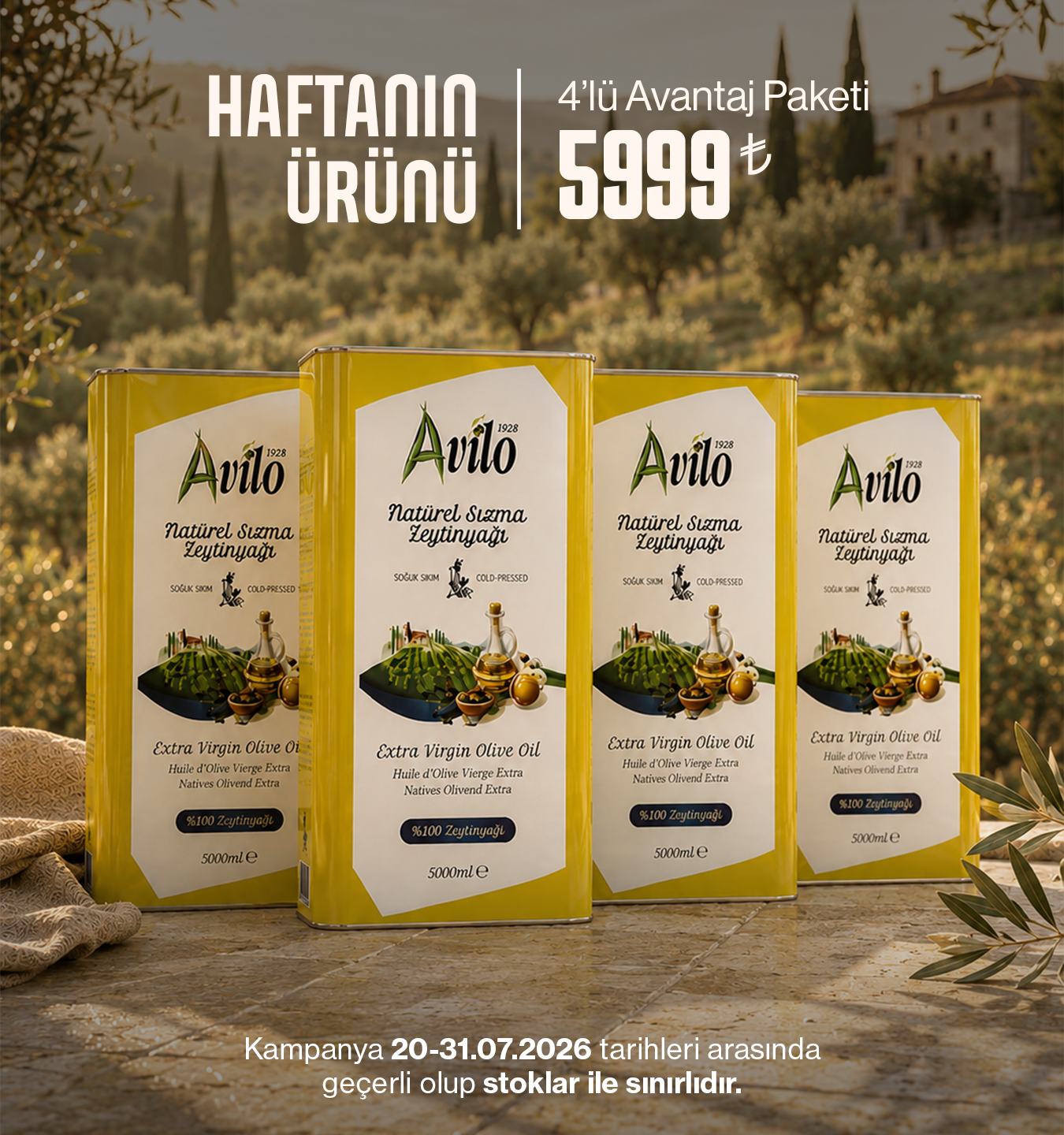 5 Lt Avilo Soğuk Sıkım Natürel Sızma Zeytinyağı - 4'lü Avantaj Paketi 2025-2026